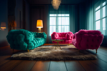 Living room with soft woolen accessories, including large massive colored green pink armchairs and a sofa. Generative AI.