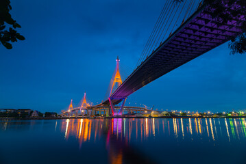Bhumibol Bridge at night in Bangkok city of Thailand