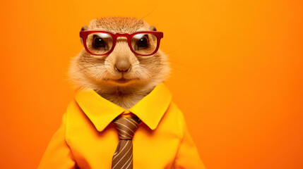 Quirky Little Meerkat Wearing Sunglasses Against an Orange Background - Generative AI