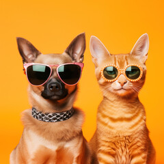 Quirky Little Dog and Cat Wearing Sunglasses Sitting Against an Orange Background - Generative AI