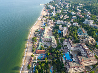 Aerial view of the beach and hotels in Golden Sands, Zlatni Piasaci. Varna, Bulgaria - obrazy, fototapety, plakaty