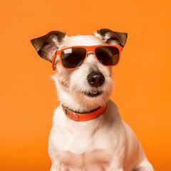 Quirky Small Dog Wearing Sunglasses Poses Against an Orange Background - Generative AI