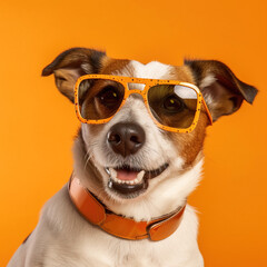 Quirky Small Dog Wearing Sunglasses Poses Against an Orange Background - Generative AI