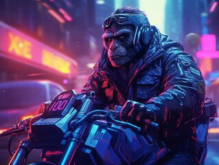 Obraz premium futuristic gorilla cyberpunk riding motorcycles generative AI