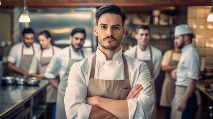 Chef at the kitchen. Chef standing confidently with his arms crossed looking at the camera with the team in the background. Generative AI