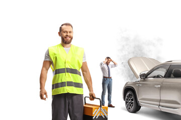 Roadside assistance agent standing in front of an angry man with a car problem