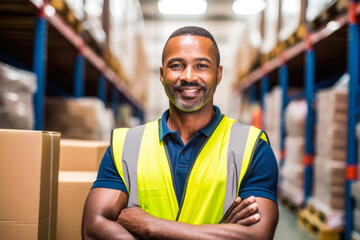 Worker in a warehouse, African man in high visibility vest, arms crossed confident look, blurred shelves stacks background. Generative AI