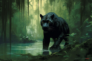 Illustration of black panther or melanistic leopard in the jungle Generative Ai