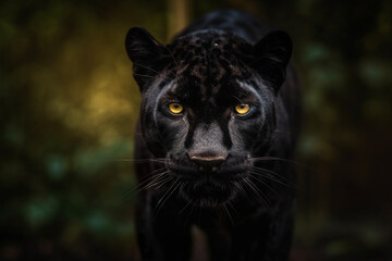 Close up portrait of Malaysian black panther or melanistic leopard in the jungle Generative Ai