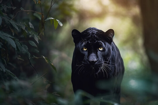 Portrait of Malaysian black panther or melanistic leopard in the jungle Generative Ai