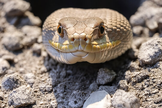 SNAKE COMING OUT OF A HOLE IN THE GROUND. AI ILLUSTRATION.