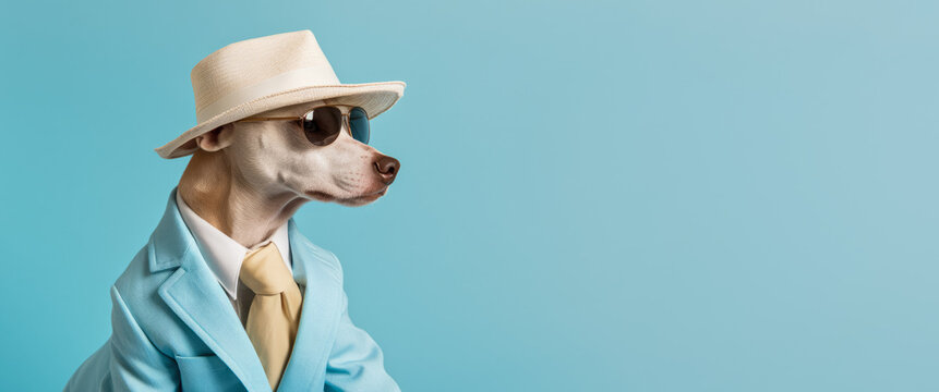 Cool looking dog wearing funky fashion dress - jacket, tie, glasses. Wide banner with space for text right side. Stylish animal posing as supermodel. Generative AI