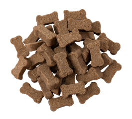 A slide of dry dog food on a white background. Food for dogs and cats in granules