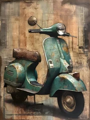 Fototapete Scooter the painting of a vespa is on a canvas board, in the style of tim holtz, collage-oriented, vacation dadcore, mandy disher, light emerald and light brown, multiple patterns, art deco sensibilities