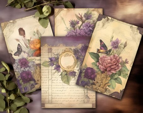 Compliment Paper Collection 4 Packs 4 Free Printable Pages, In The Style Of Trompe-l œil Illusionistic Detail, Maximalism, Vignettes Of Paris, Romanticized Femininity, Mixed Media Elements, Violet And