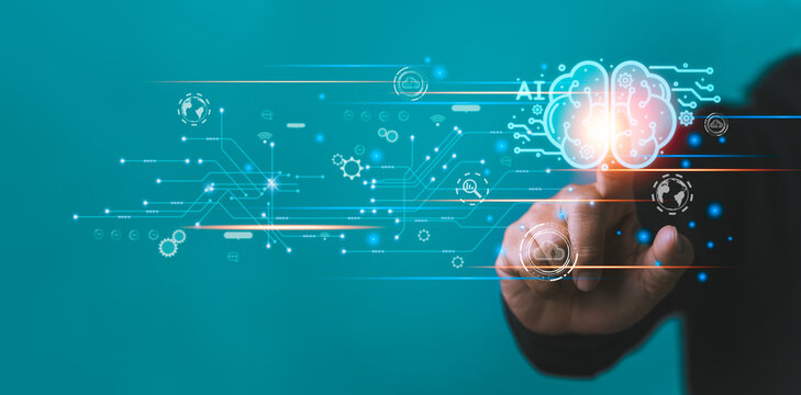 Human hand touching AI smart brain icon to manage big data and technological innovations, artificial intelligence, connect network, digital marketing, technology social media global business - Powered by Adobe