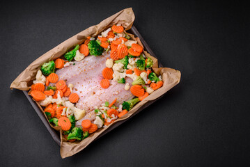 Raw sea bass fish fillet with salt, spices and vegetables in a baking dish