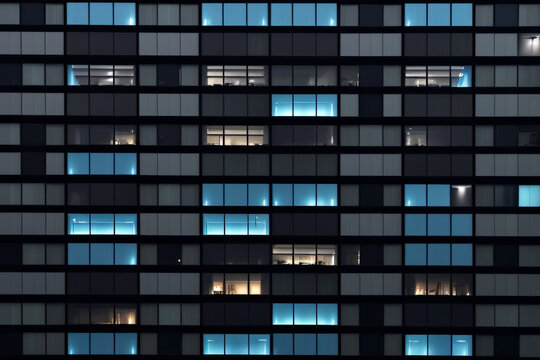 Seamless Skyscraper Facade With Blue Tinted Windows And Blinds At Night. Modern Abstract Office Building Background Texture With Glowing Lights Against Dark Black Exterior Walls. Created With AI.