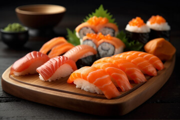 fish japan sushi roll set food meal seafood rice japanese. Generative AI.