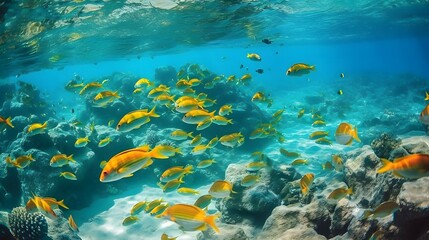 Naklejka na ściany i meble A vibrant school of tropical fish swimming in crystal-clear waters