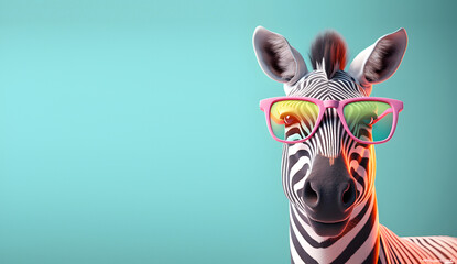 Creative animal concept. Zebra in sunglass shade glasses isolated on solid pastel background, commercial, editorial advertisement, surreal surrealism. - obrazy, fototapety, plakaty