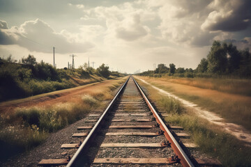 Fototapeta na wymiar Railway tracks in the countryside with cloudy sky background, retro toned. Generative AI