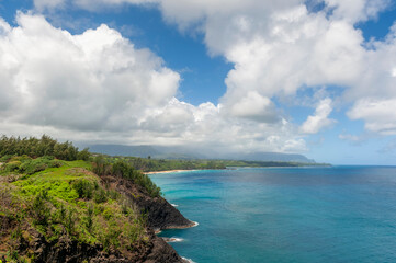 View of the North Shore on the Island of Kauai, Hawaii. One of the most popular resort areas is located on the north shore of Kauai including Princeville. The Pacific Ocean is the star of this area.