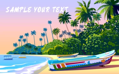 Papier Peint photo Violet Tropical Beach Island Landscape. Handmade drawing vector illustration. Retro style travel poster design.