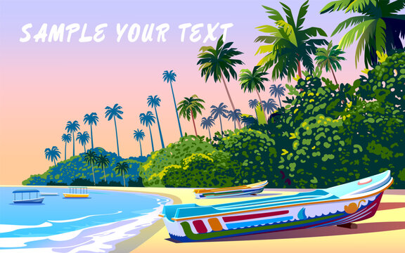 Tropical Beach Island Landscape. Handmade drawing vector illustration. Retro style travel poster design.