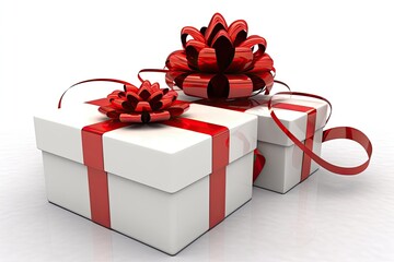 two elegant gift boxes with festive red ribbons and bows. Generative AI