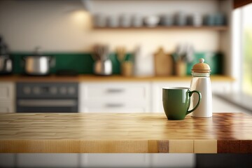 coffee mug on a rustic wooden table in a cozy kitchen. Generative AI