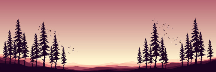 forest silhouette with mountain sunset landscape view vector illustration good for web banner, ads banner, tourism banner, wallpaper, background template, and adventure design backdrop