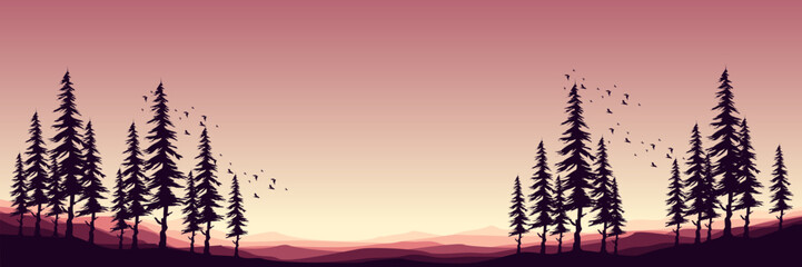 forest silhouette with mountain sunset landscape view vector illustration good for web banner, ads banner, tourism banner, wallpaper, background template, and adventure design backdrop