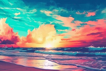 Fototapeta na wymiar Abstract vivid colors landscape of sandy beach on sunset with colorful clouds. Surreal design. No people. Illustration. Generative AI