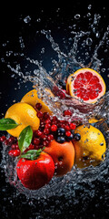 Variety of Fruits falling into the water with splashing