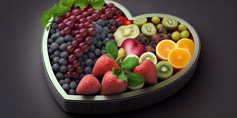 Fototapeta na wymiar 3d heart shape with fresh fruits and vegetables inside, on an isolated background. Generative AI