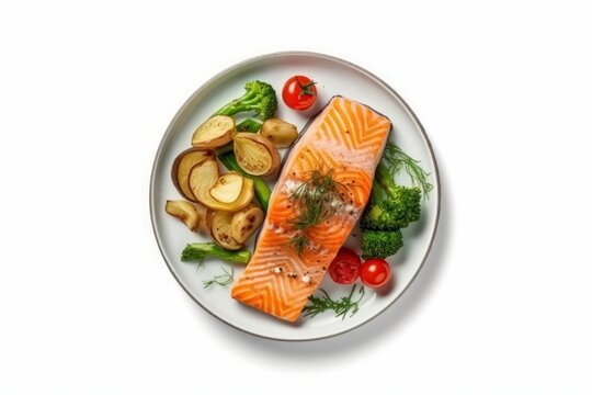 roasted salmon steak and vegetables isolated on white background top view. Generative AI