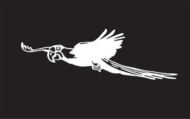 Graphical parrot ara flying  on black,vector element of bird.Ink pen parrot
