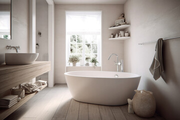 Naklejka na ściany i meble Modern Scandinavian Single Room with Wooden Frame Bathroom