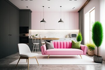 cozy living room with a pink couch and stylish furniture. Generative AI