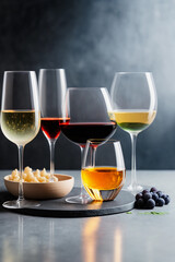 Variety of glasses with red, white and rose wine, generative AI