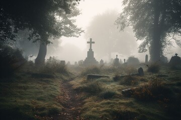 Fototapeta na wymiar Misty atmosphere surrounds deserted burial ground. Generative AI