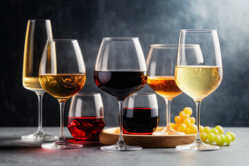 Naklejka premium Variety of glasses with red, white and rose wine, generative AI