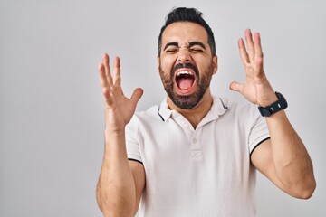 Fototapeta premium Young hispanic man with beard wearing casual clothes over white background celebrating mad and crazy for success with arms raised and closed eyes screaming excited. winner concept