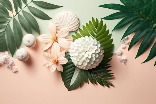 composition of a tropical summer. There are white flowers and green tropical vegetation against a soft pink background. Summer theme. Copy space, flat lay, and top view. Generative AI