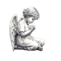 small cute angel kneeling at pray isolated against transparent in black and white