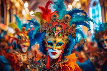 Fototapeten woman in a painted colorful carnival mask generative ai © Poter