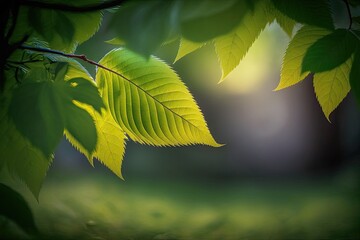 close-up view of a vibrant green leaf on a tree. Generative AI