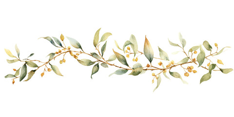 euycalyptus branches with small round in watercolor design isolated against transparent