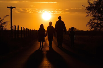Fototapeta premium silhouettes of a family walking along a country road in the evening generative ai